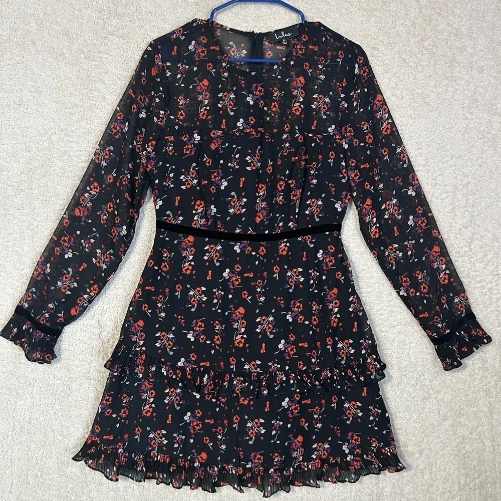 Lulus Floral to See Black Floral Print Long Sleeve Mini Dress Size Medium